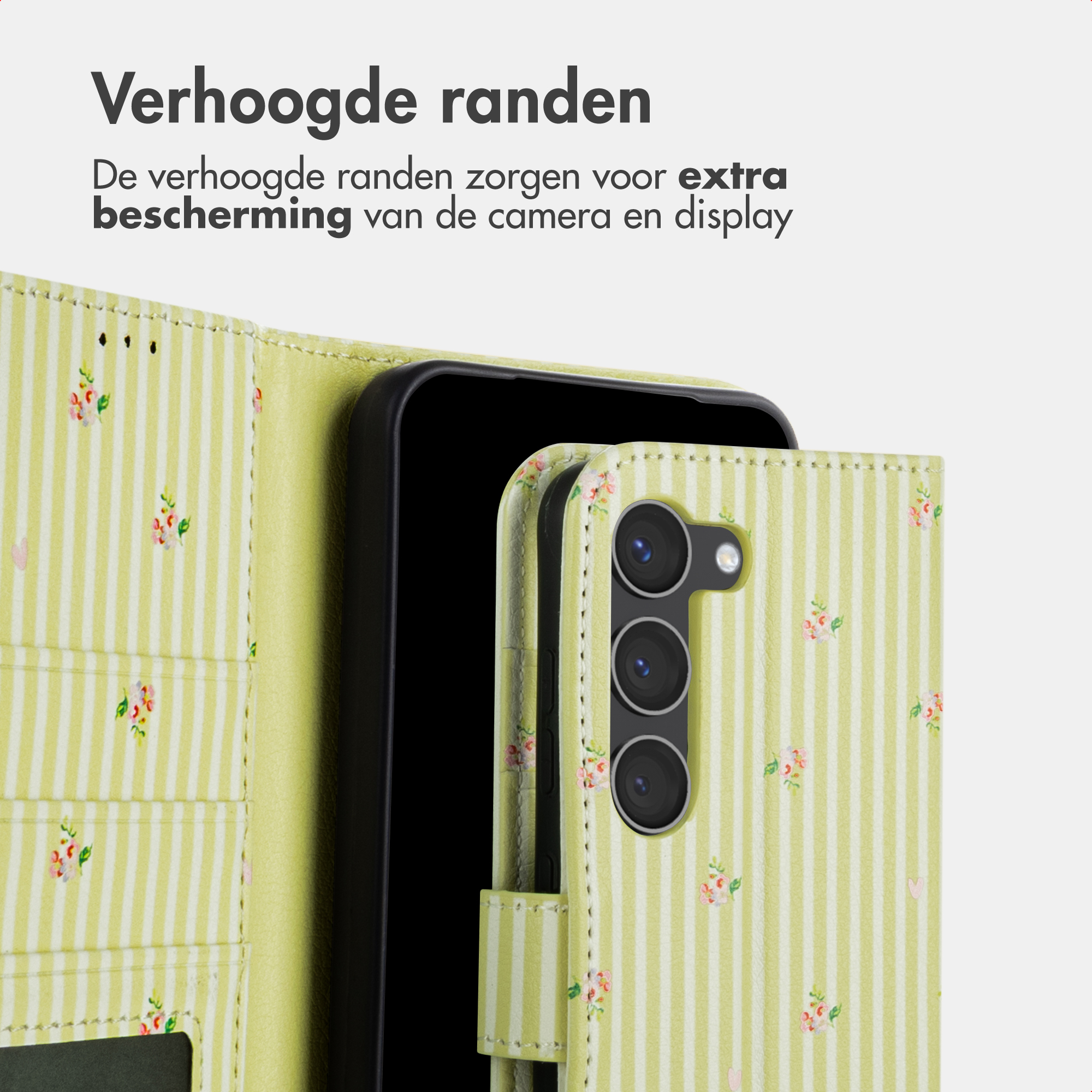 Hellgelbe Handyhülle mit vertikalen Streifen und Blumenmuster.