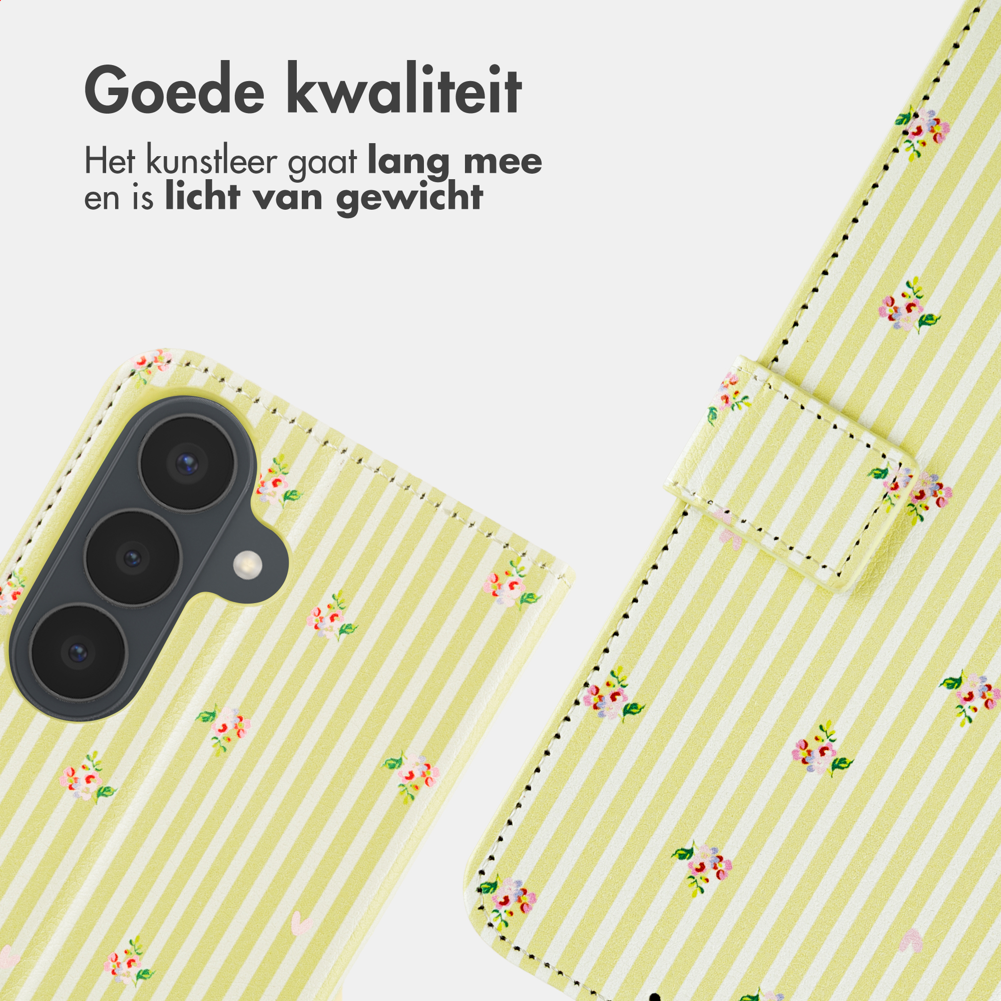 Gele gestreepte telefoonhoes met bloemenprint. Een telefoon is zichtbaar.