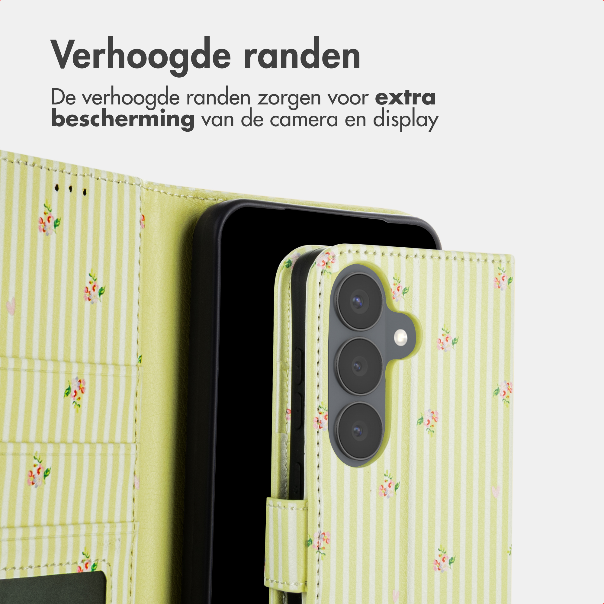 Een lichtgroene gestreepte telefoonhoes met bloemenpatroon. De camera is zichtbaar.
