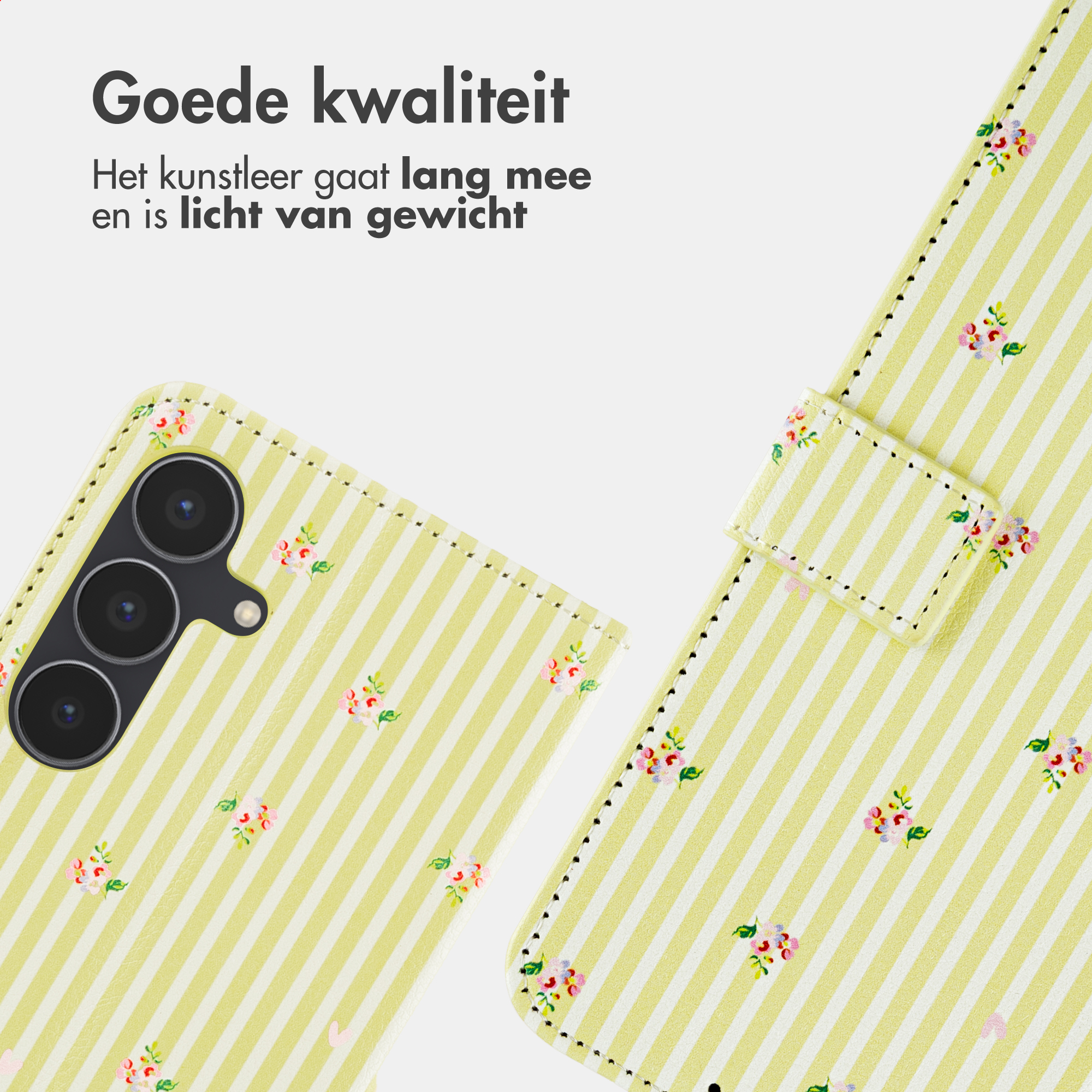 A yellow phone case with white stripes and a floral pattern.