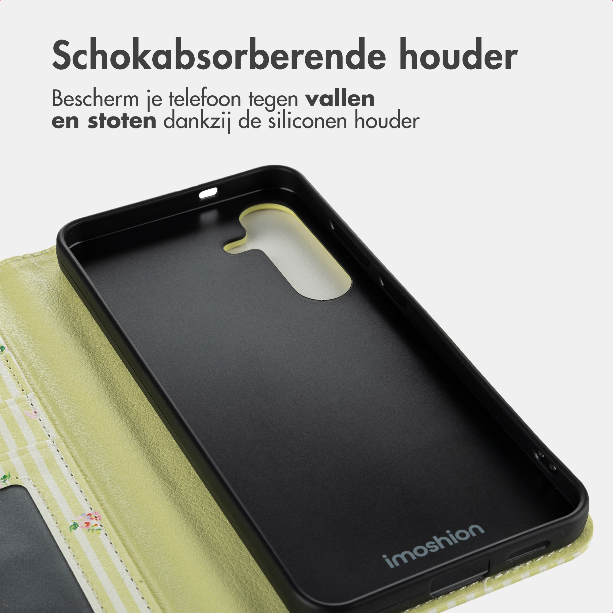 Black phone case with yellow and white stripes, floral pattern, and logo