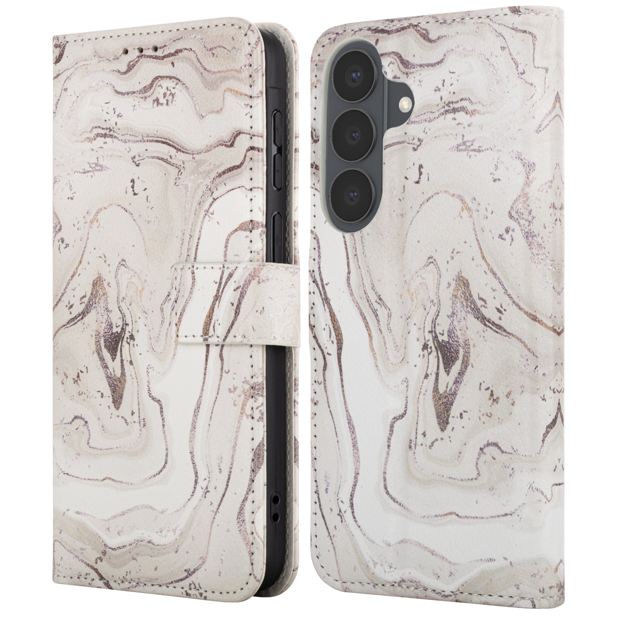 Een witte marmeren telefoonhoes met paarse en gouden accenten, open en gesloten.