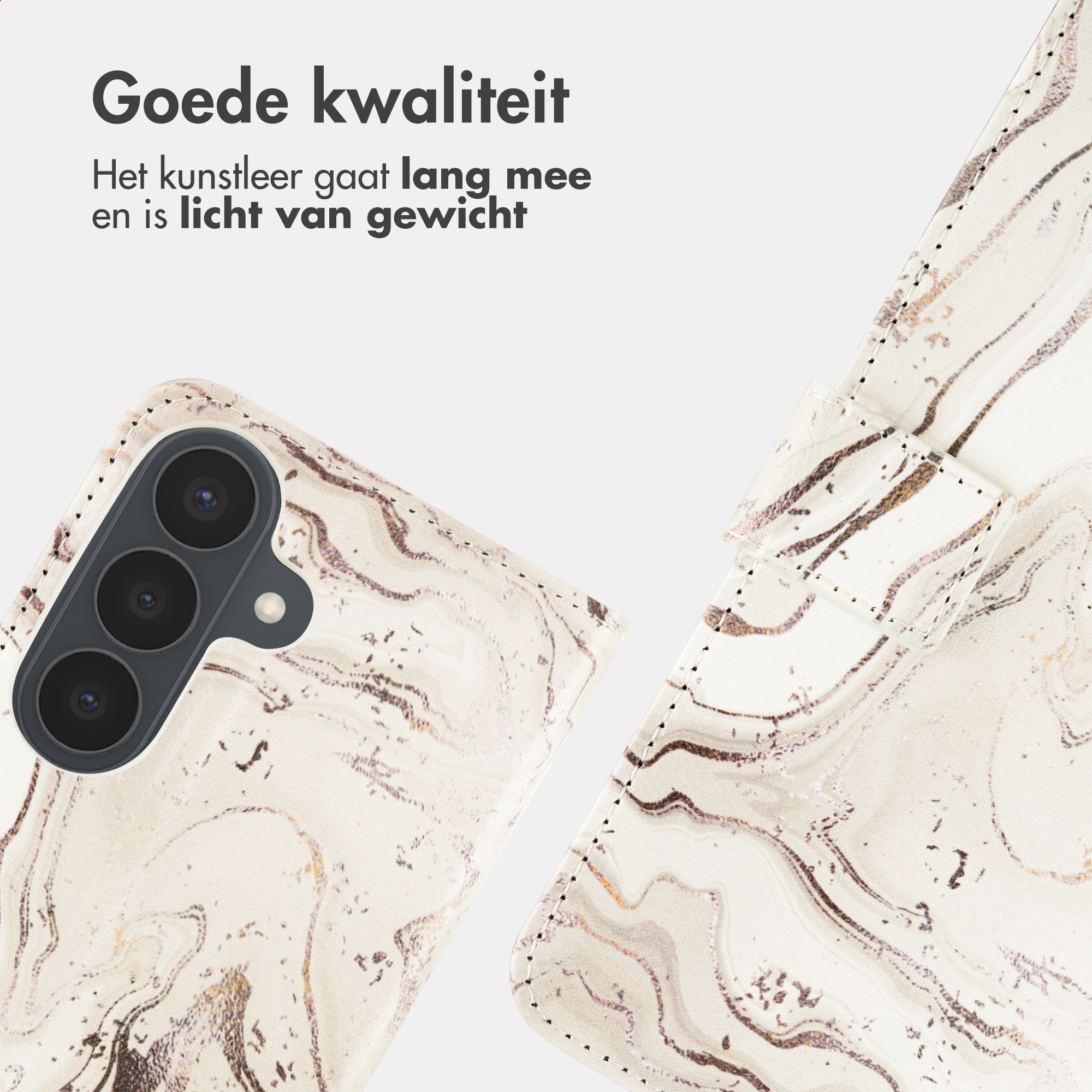 Telefoonhoes met marmerpatroon, focus op camera en sluiting.