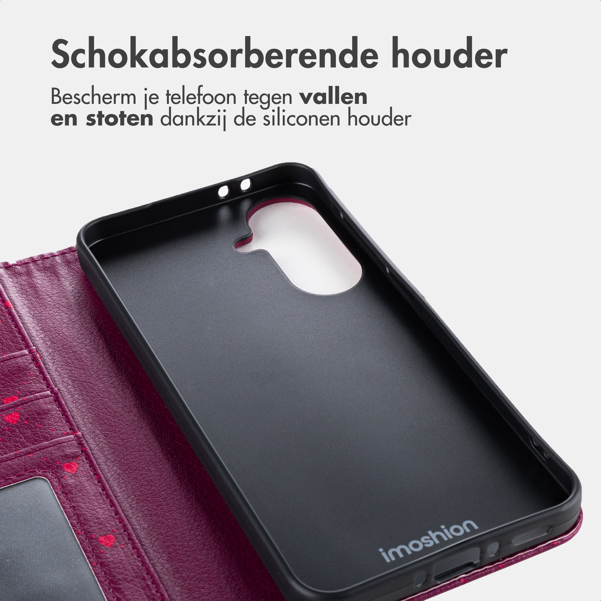 Schwarze Handyhülle mit rotem Lederportemonnaie-Cover mit Herzen.