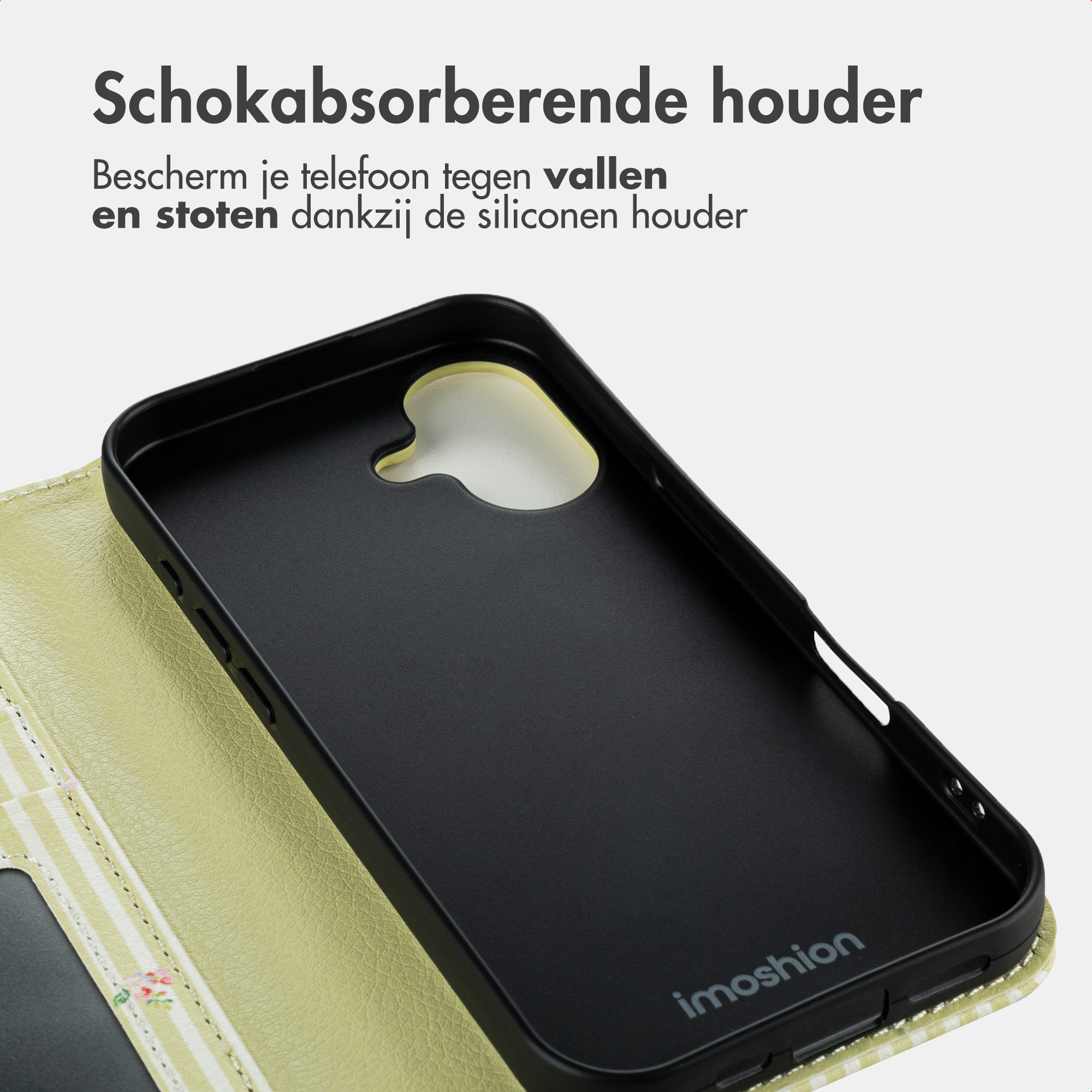 Schwarze Handyhülle mit Logo, auf hellgrünem Hintergrund mit Streifen und Blumen.