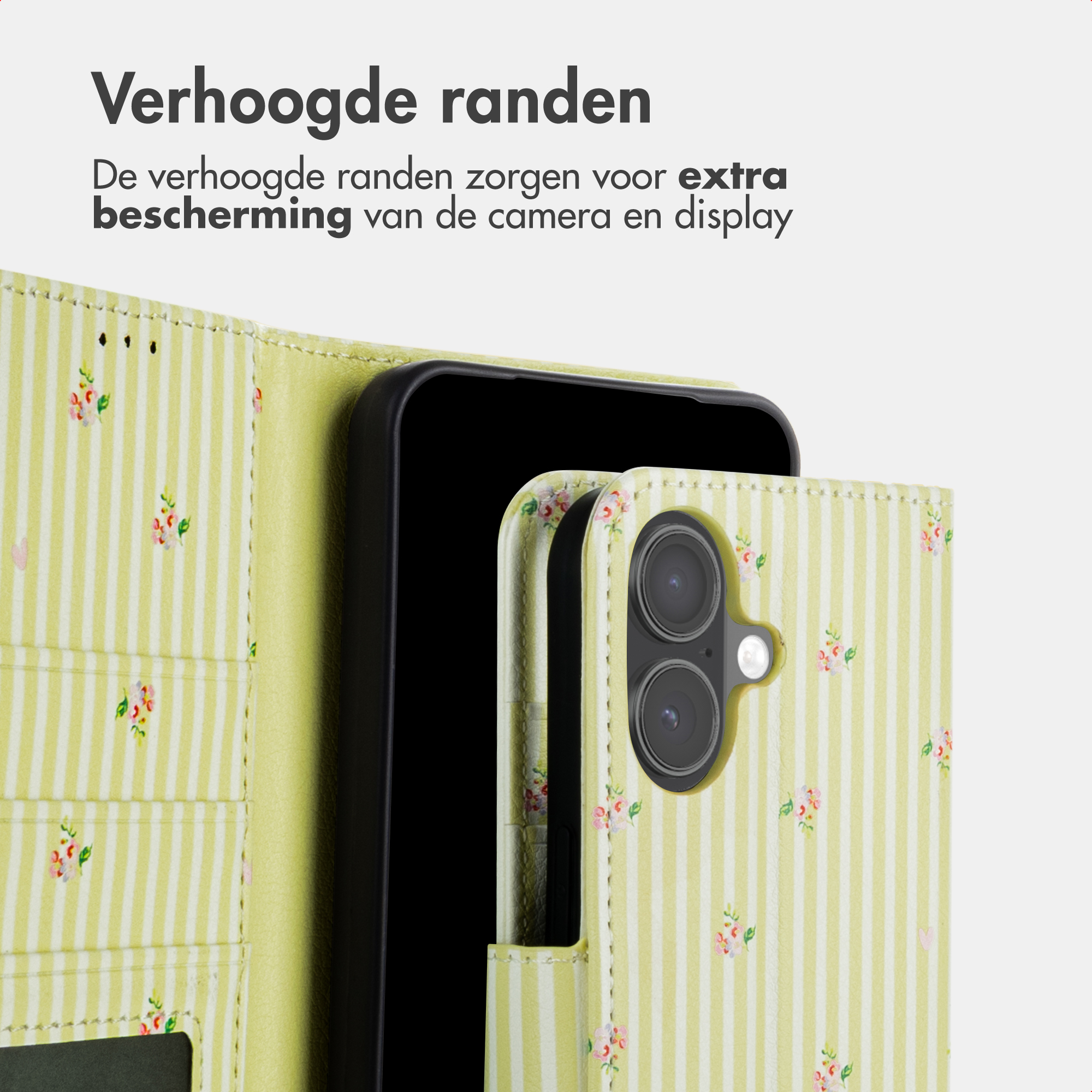 Ein hellgrünes Handycover mit rosa Blumenmuster und Streifen.