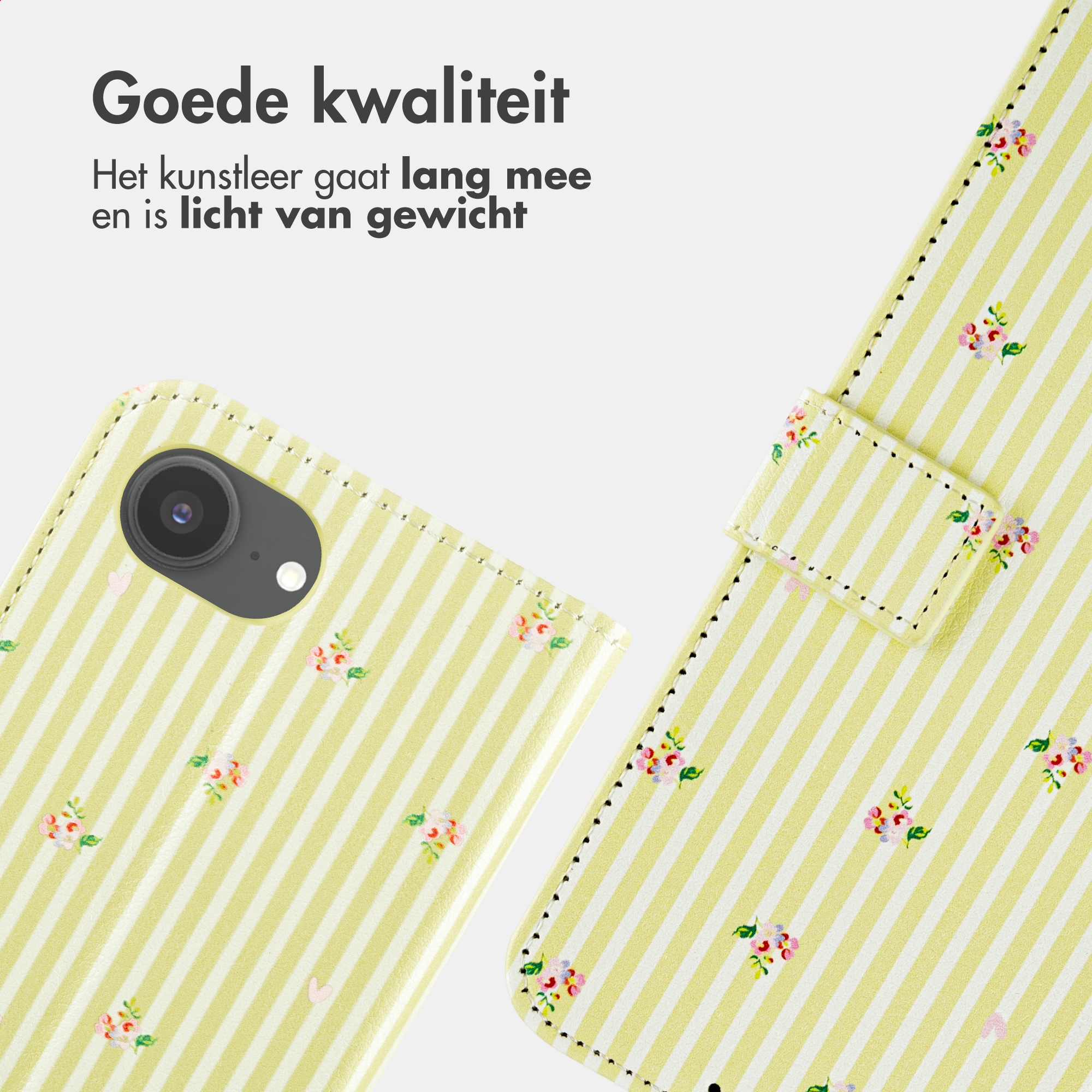 Yellow phone case with white stripes and floral pattern. Camera visible.