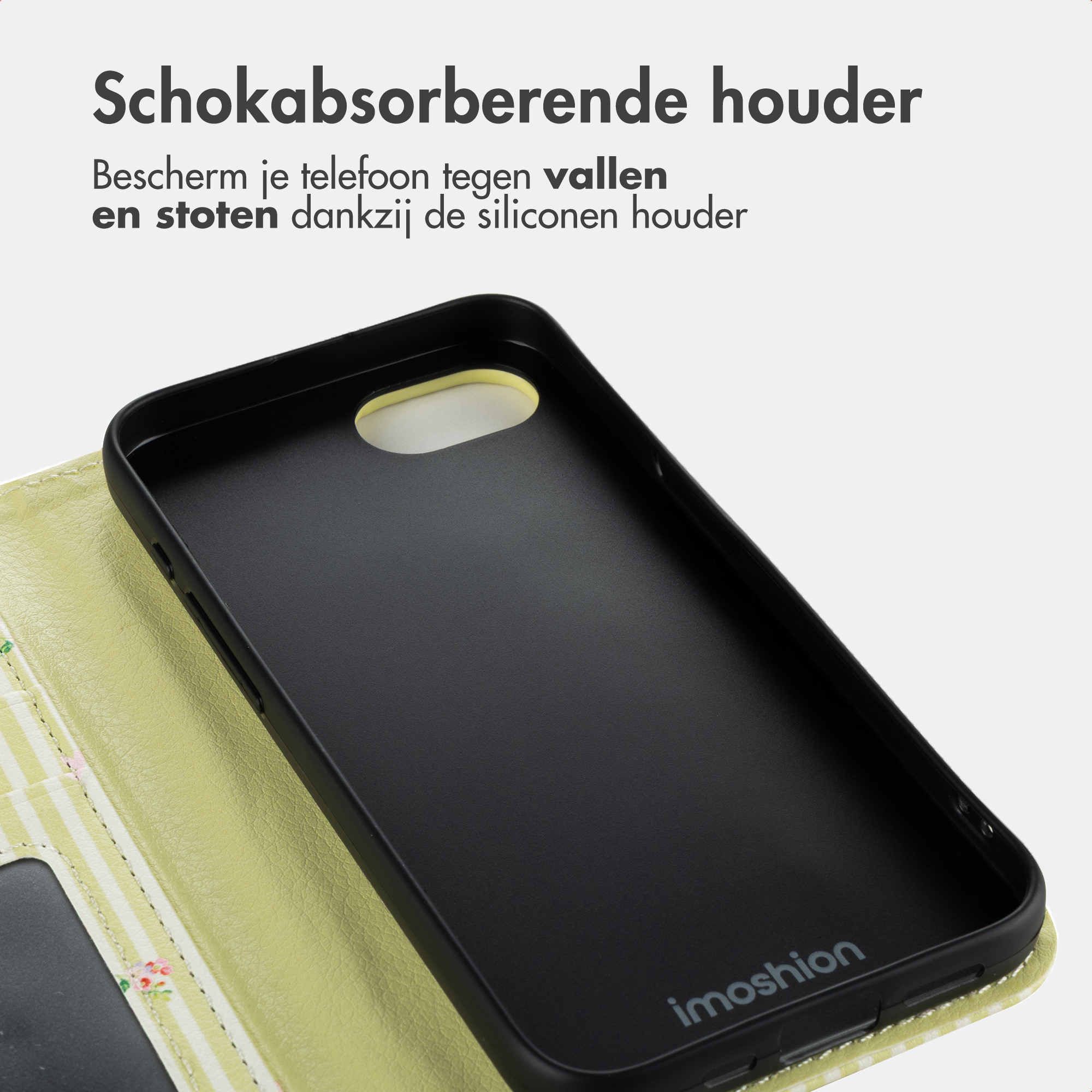 Black phone case with yellow and white striped lining and floral pattern.