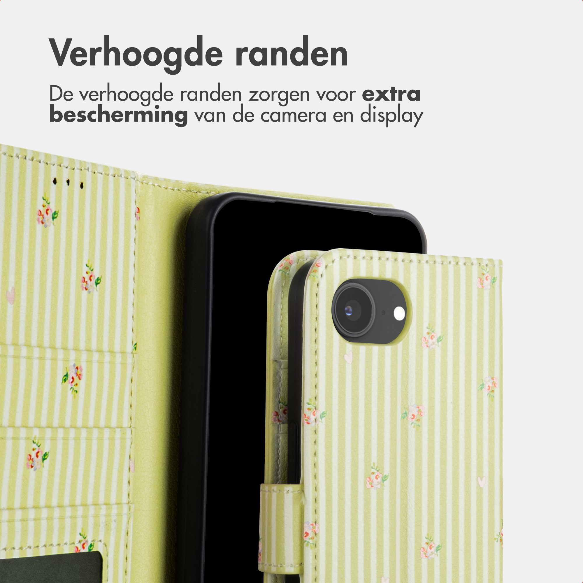 A light green phone case with stripes and floral pattern.