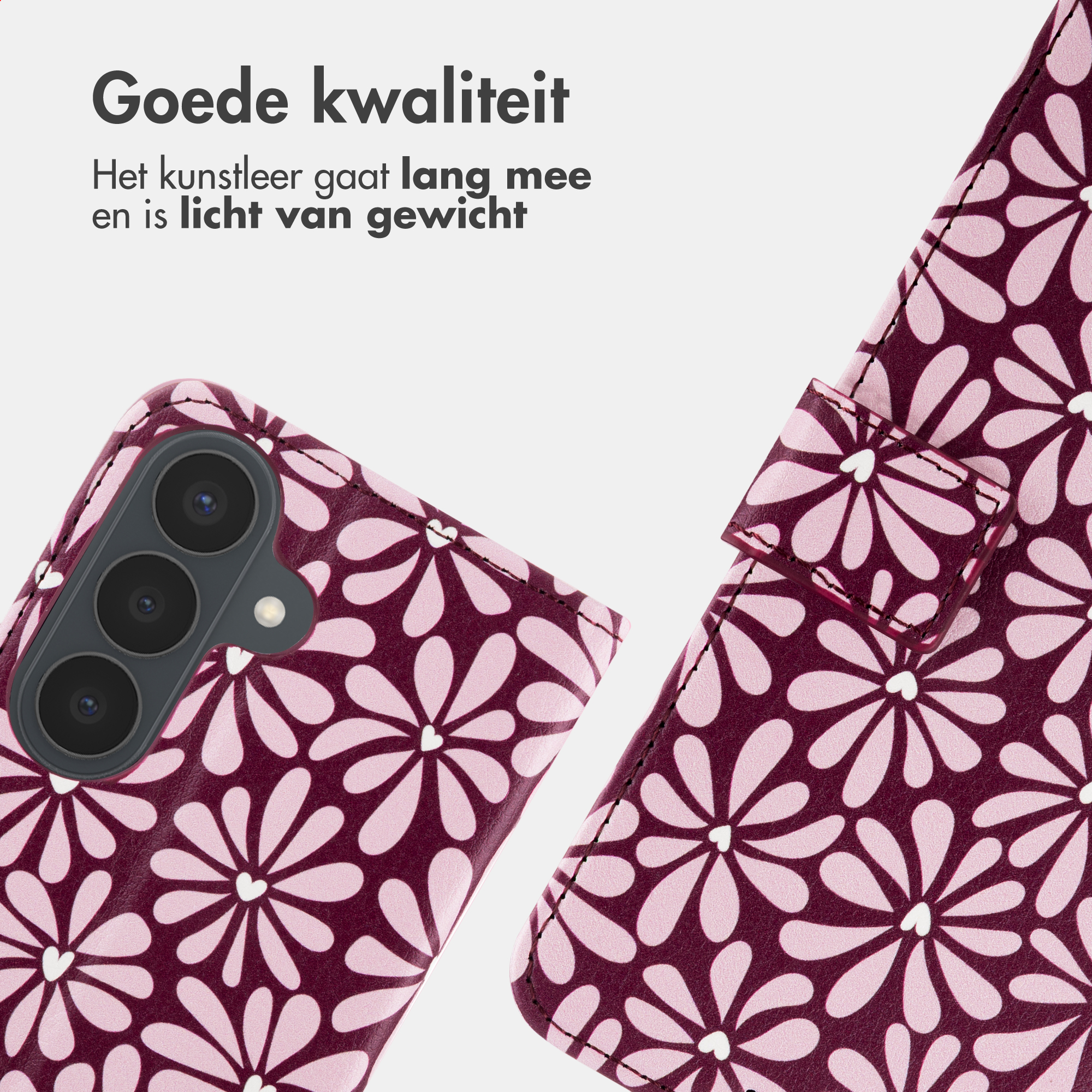 Een donkerrode telefoonhoes met lichtroze bloemenpatroon en camera-uitsparing.