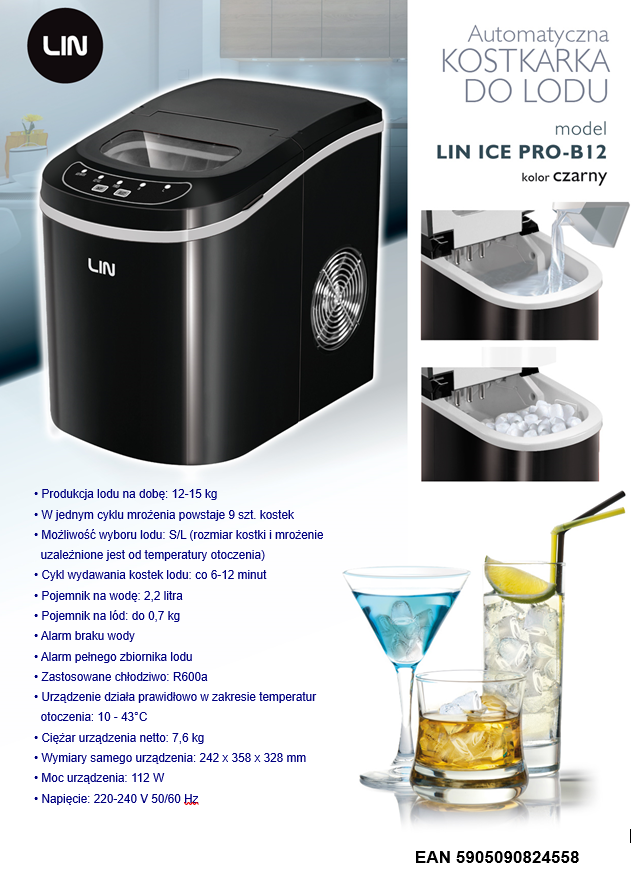Czarna kostkarka do lodu LIN ICE PRO-B12 obok dwóch koktajli.