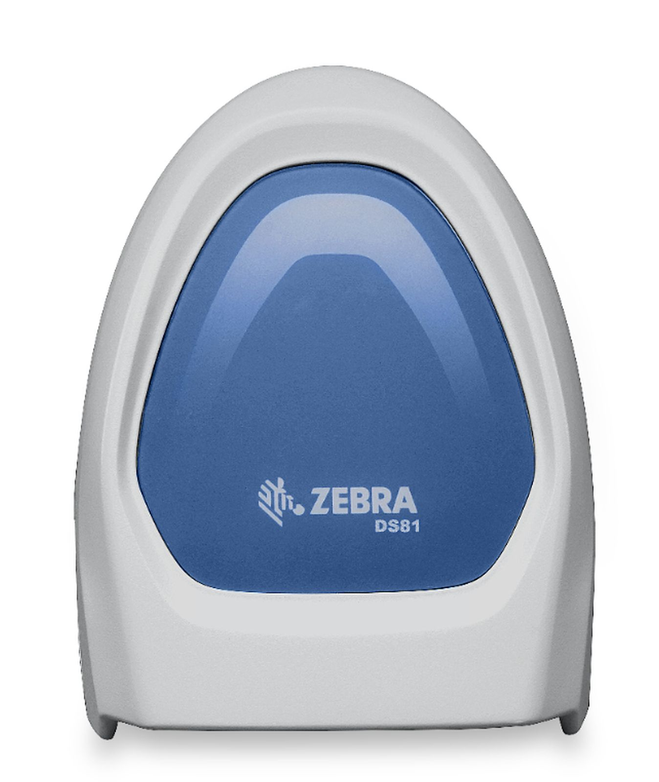 Scanner di codici a barre Zebra DS81 bianco con accento blu su sfondo bianco.