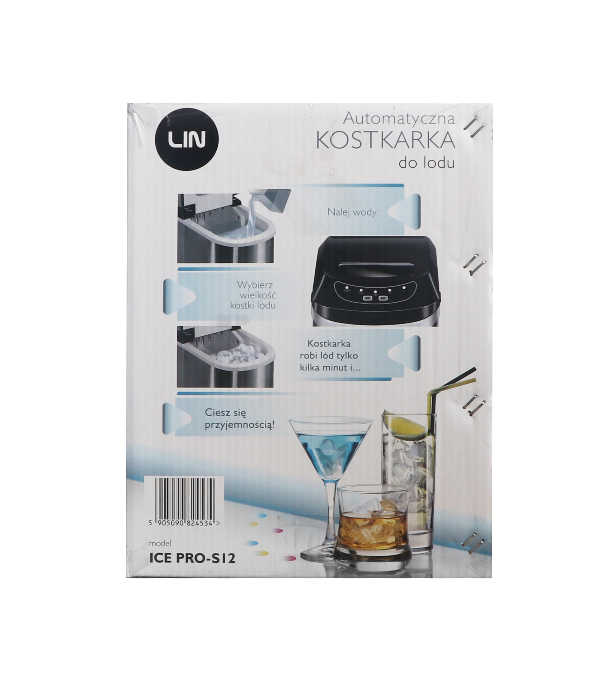 Opakowanie kostkarki do lodu, z instrukcjami i napojami.