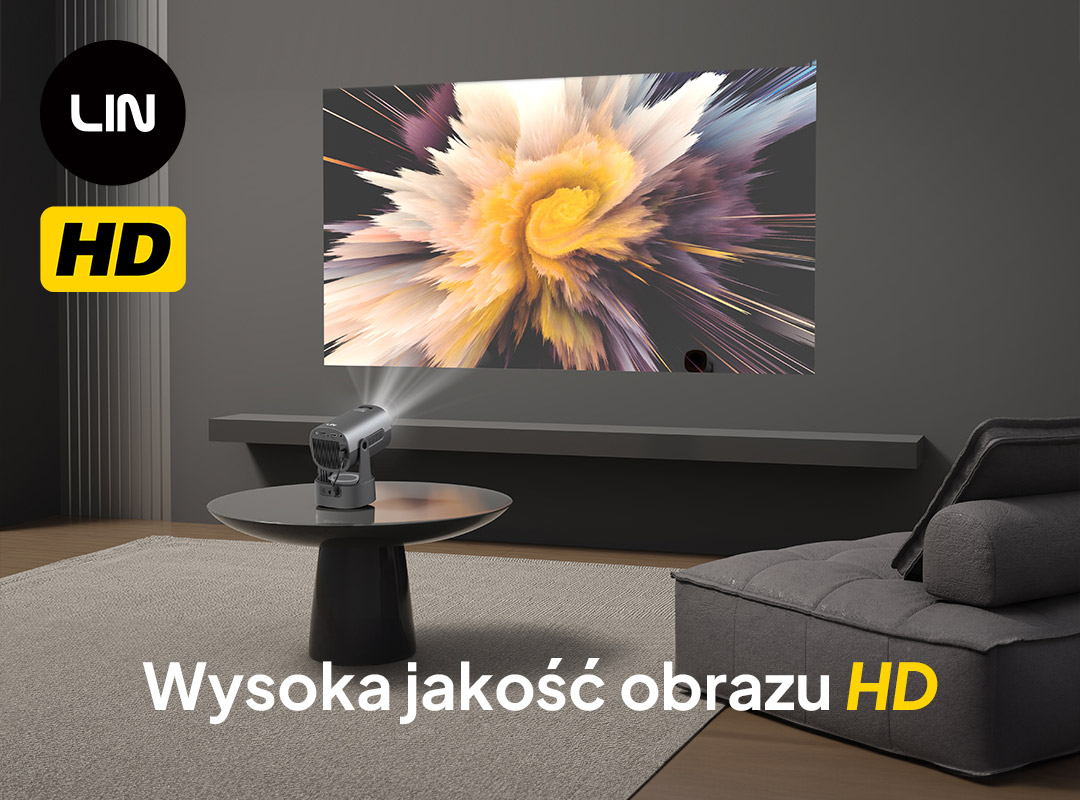 Projektor wyświetla kolorowy obraz na ścianie. Sofa stoi obok.
