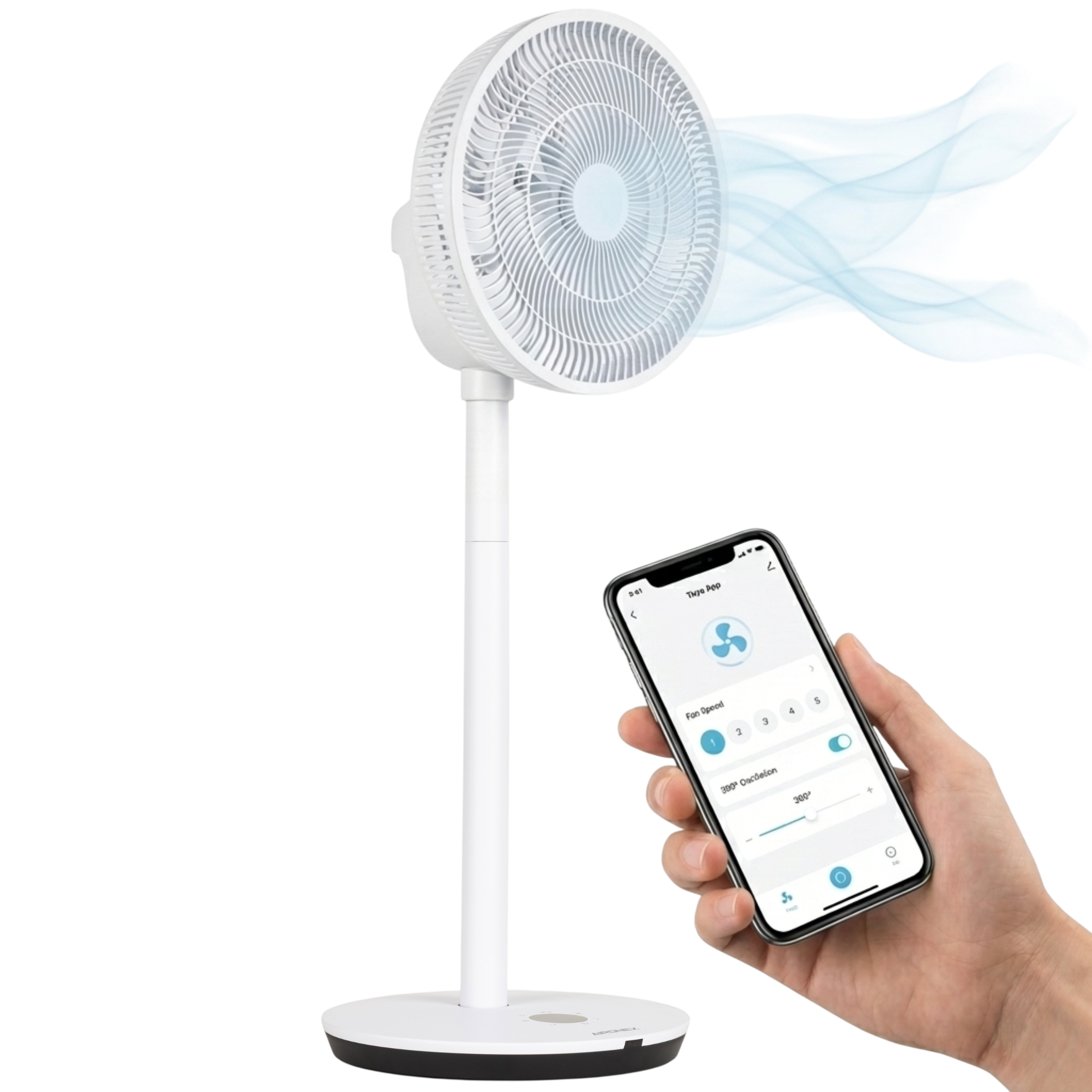Ein weißer Ventilator mit Rauch-Effekt wird von einer Hand gehalten, die ein Smartphone mit App bedient.
