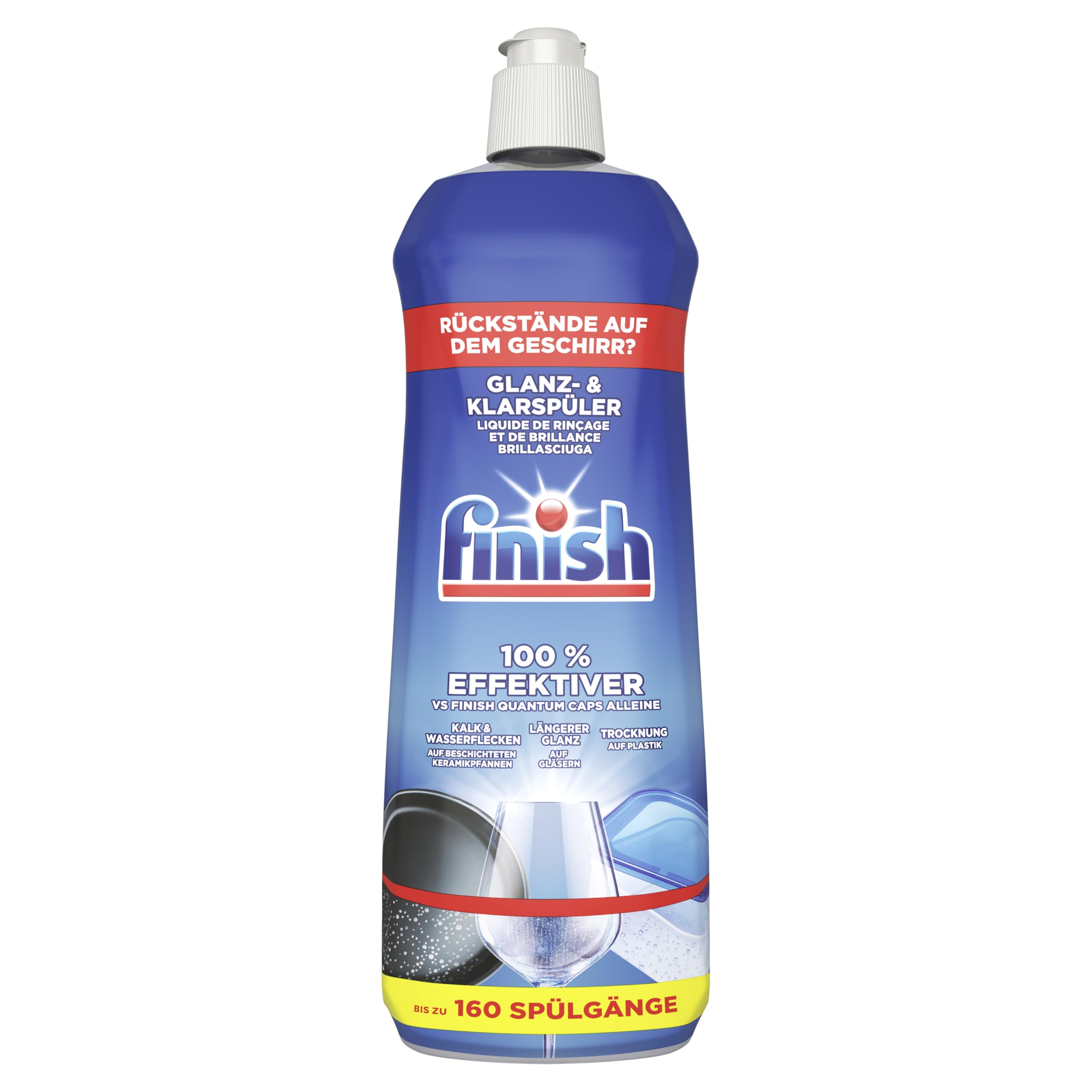 Eine Flasche Finish Klarspüler steht vor einem weißen Hintergrund. Der blaue Flaschenhals ist weiß und hat eine weiße Kappe.