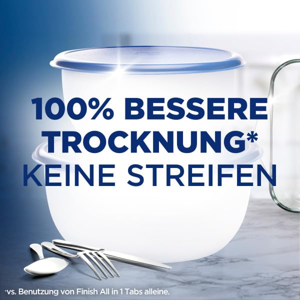 Zwei weiße Schüsseln mit blauen Deckeln, daneben Besteck. Text: 100% bessere Trocknung.