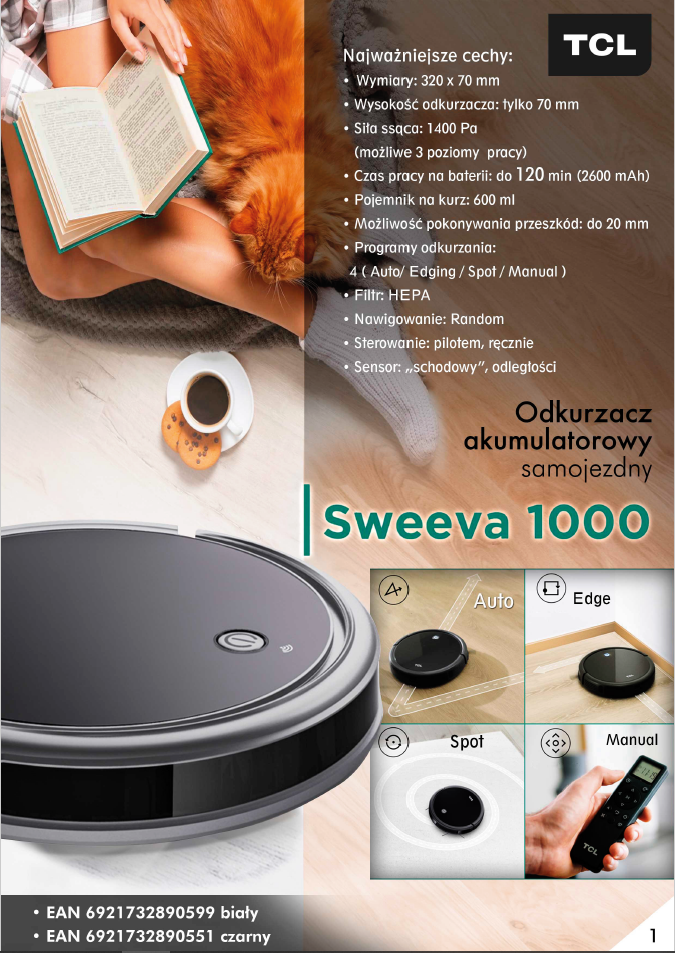 Robot sprzątający, kawa, kot i książka. TCL Sweeva 1000. Pilot.