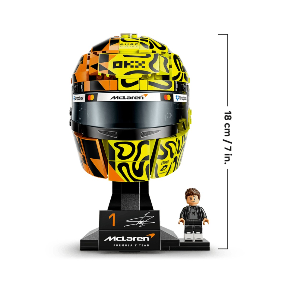 McLaren tasarımlı Lego kask, bir minifigür ve 18 cm ölçek.