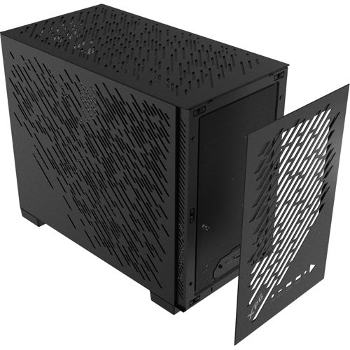 Case per computer nero con lati forati e pannello frontale staccato.