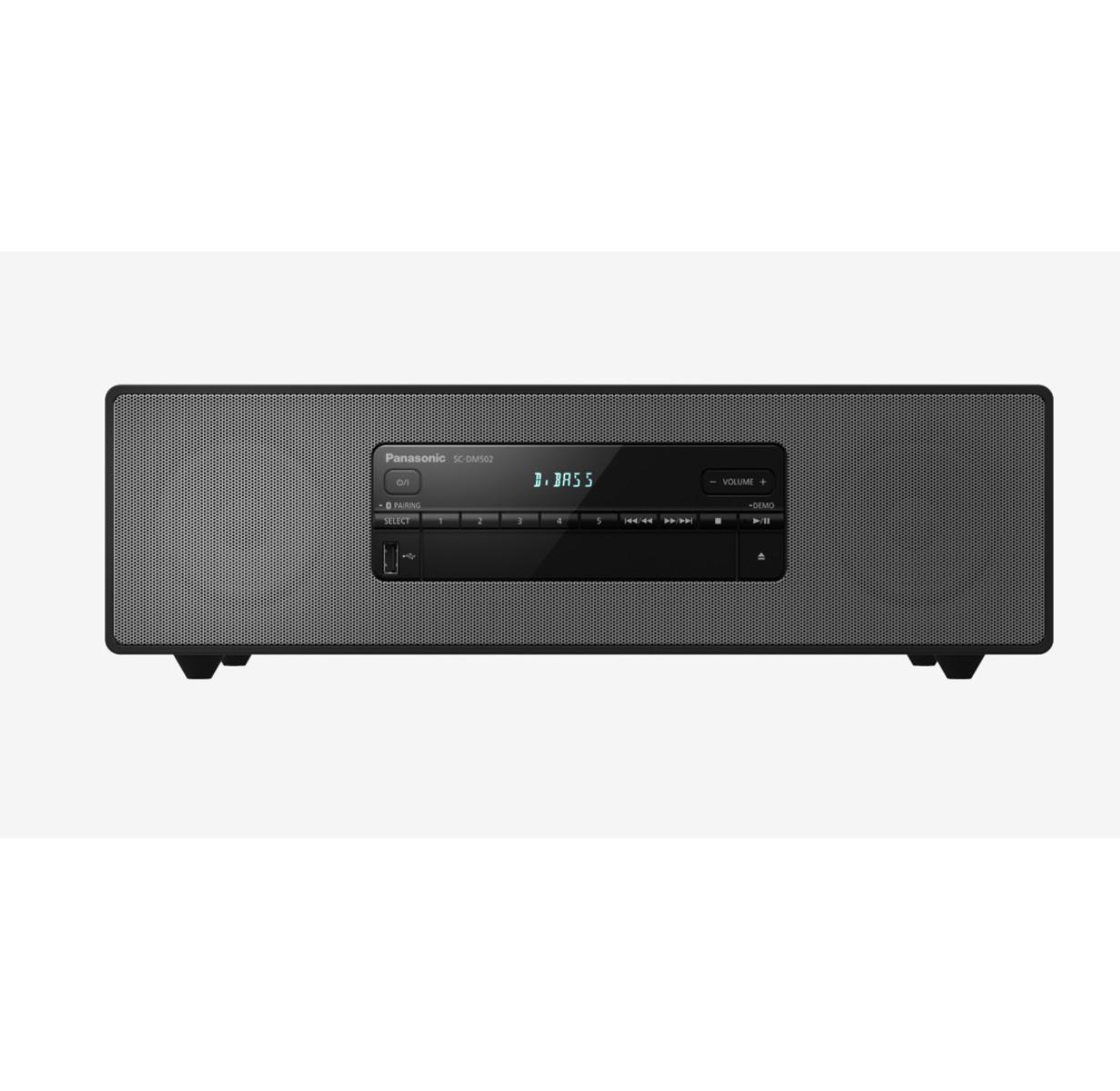 Un sistema audio Panasonic SC-DM502 nero con display e controlli.
