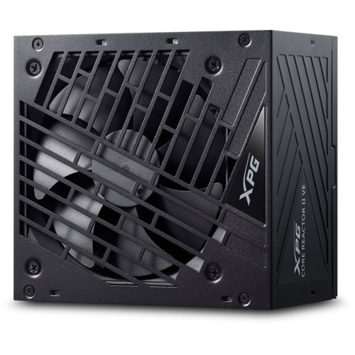 Alimentation d'ordinateur noire avec ventilateur et grille noire. Logo XPG sur le côté.