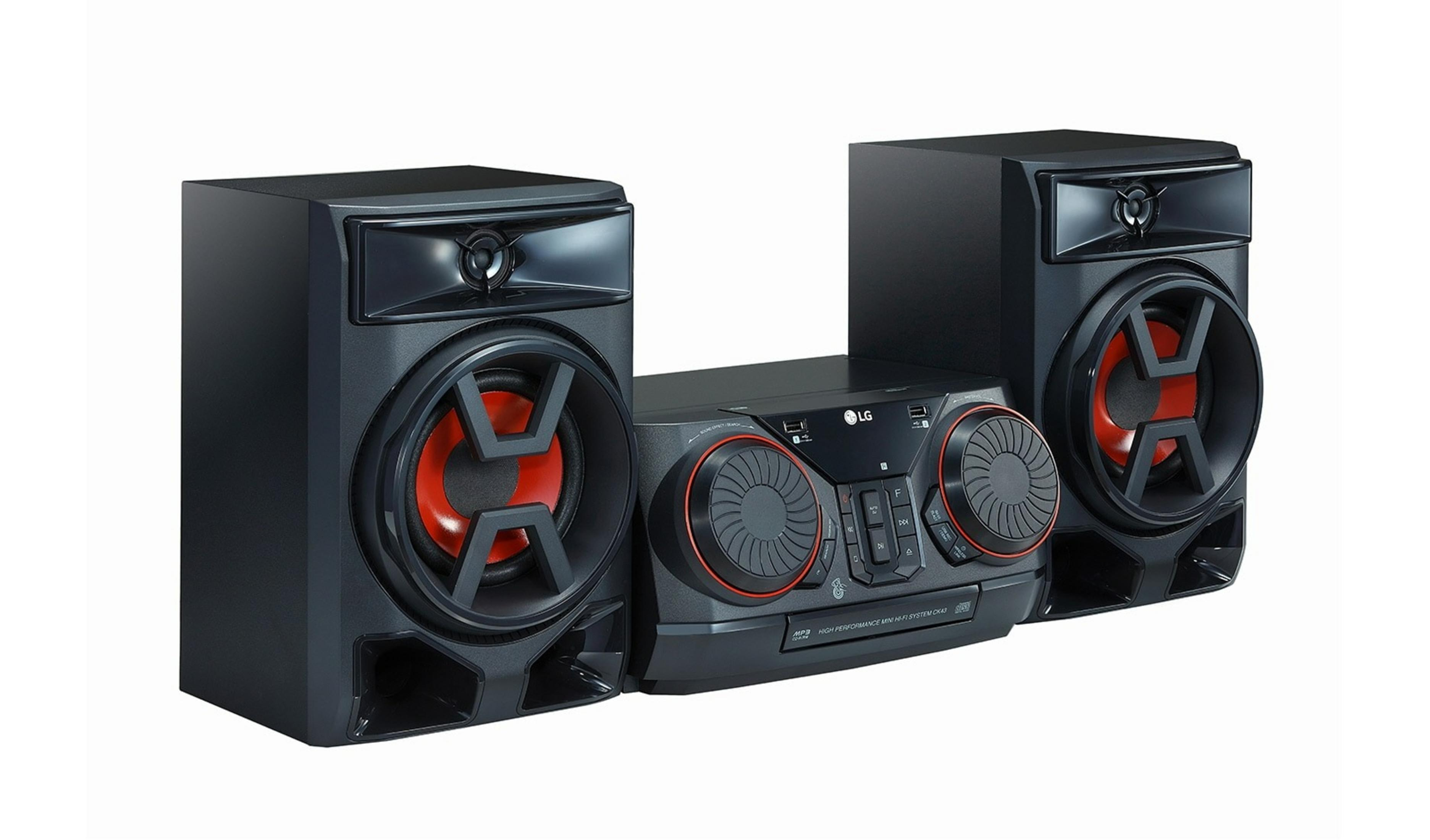 Sistema mini Hi-Fi LG negro con dos altavoces y detalles rojos.
