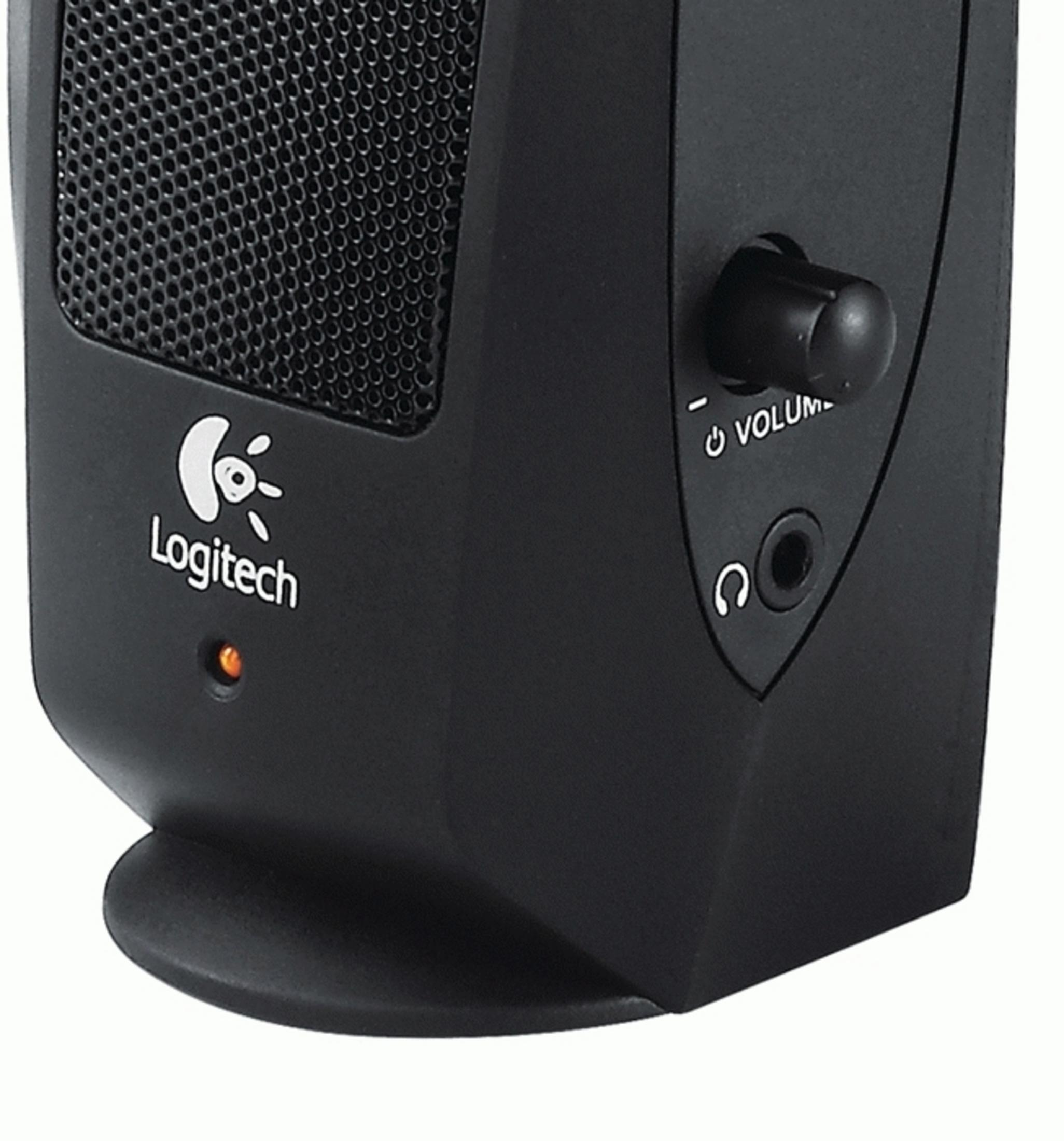 Altoparlante Logitech nero con manopola volume e jack cuffie. Luce arancione.
