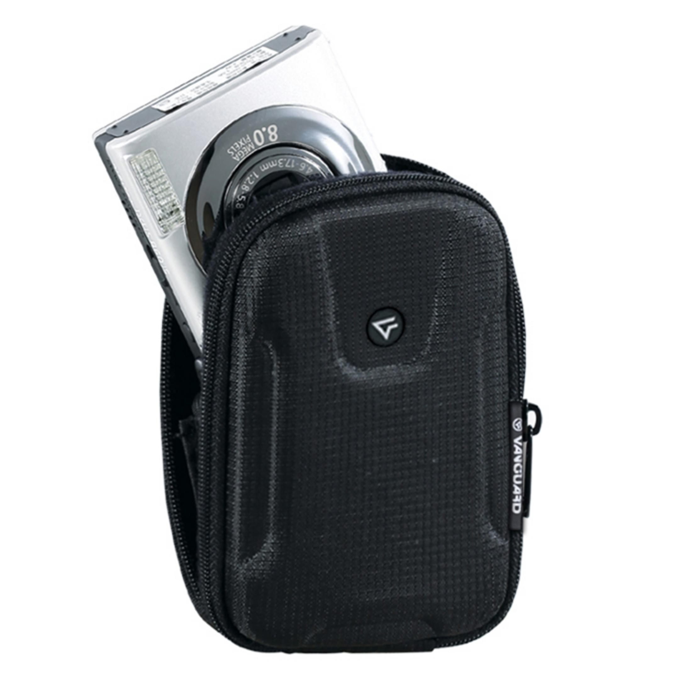 A silver camera is half-inserted into a black camera case.