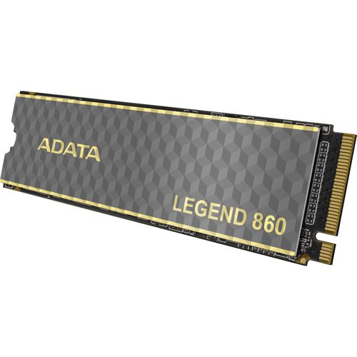 Een grijze ADATA Legend 860 M.2 SSD met gouden accenten op witte achtergrond.