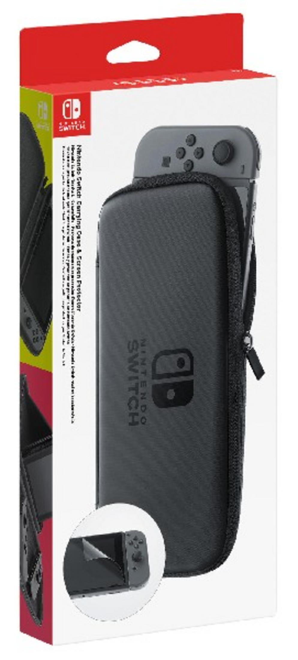Nintendo Switch Tasche mit Displayschutzfolie auf weißem Karton.