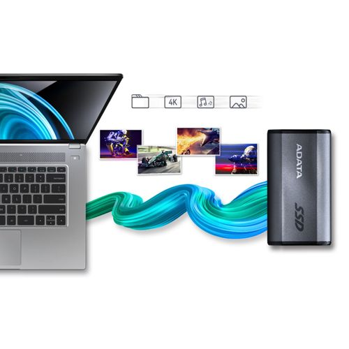 Laptop collegato a un SSD tramite una linea ondulata blu-verde, che mostra varie icone multimediali.