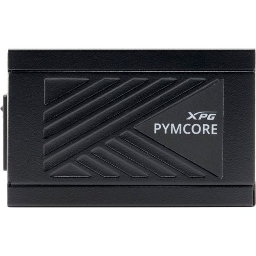Alimentatore nero con logo XPG PYMCORE e linee diagonali.