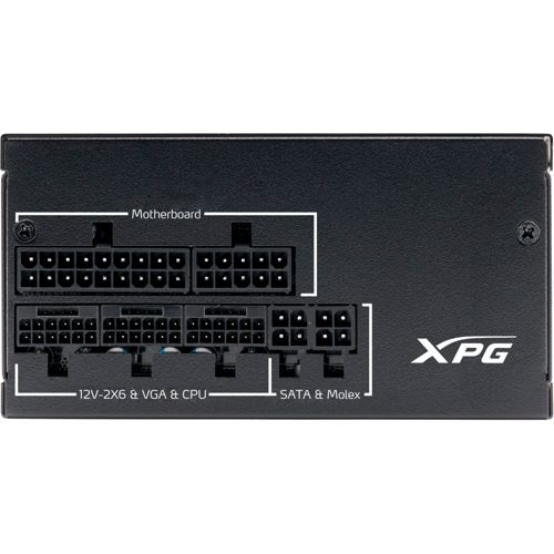 Alimentatore nero con porte etichettate: Scheda madre, 12V-2x6 & VGA & CPU, SATA & Molex. Logo XPG.
