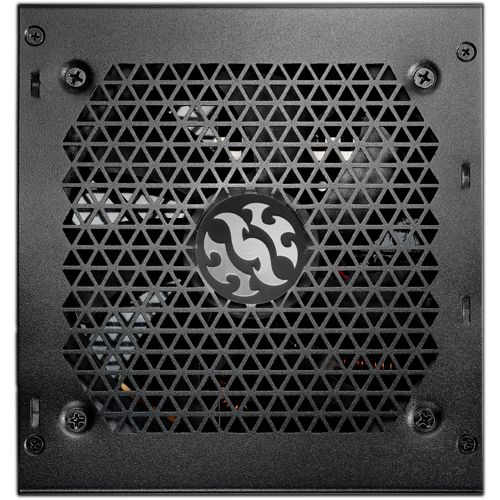 Zwarte behuizing van de voeding met een driehoekig ventilatierooster en logo.