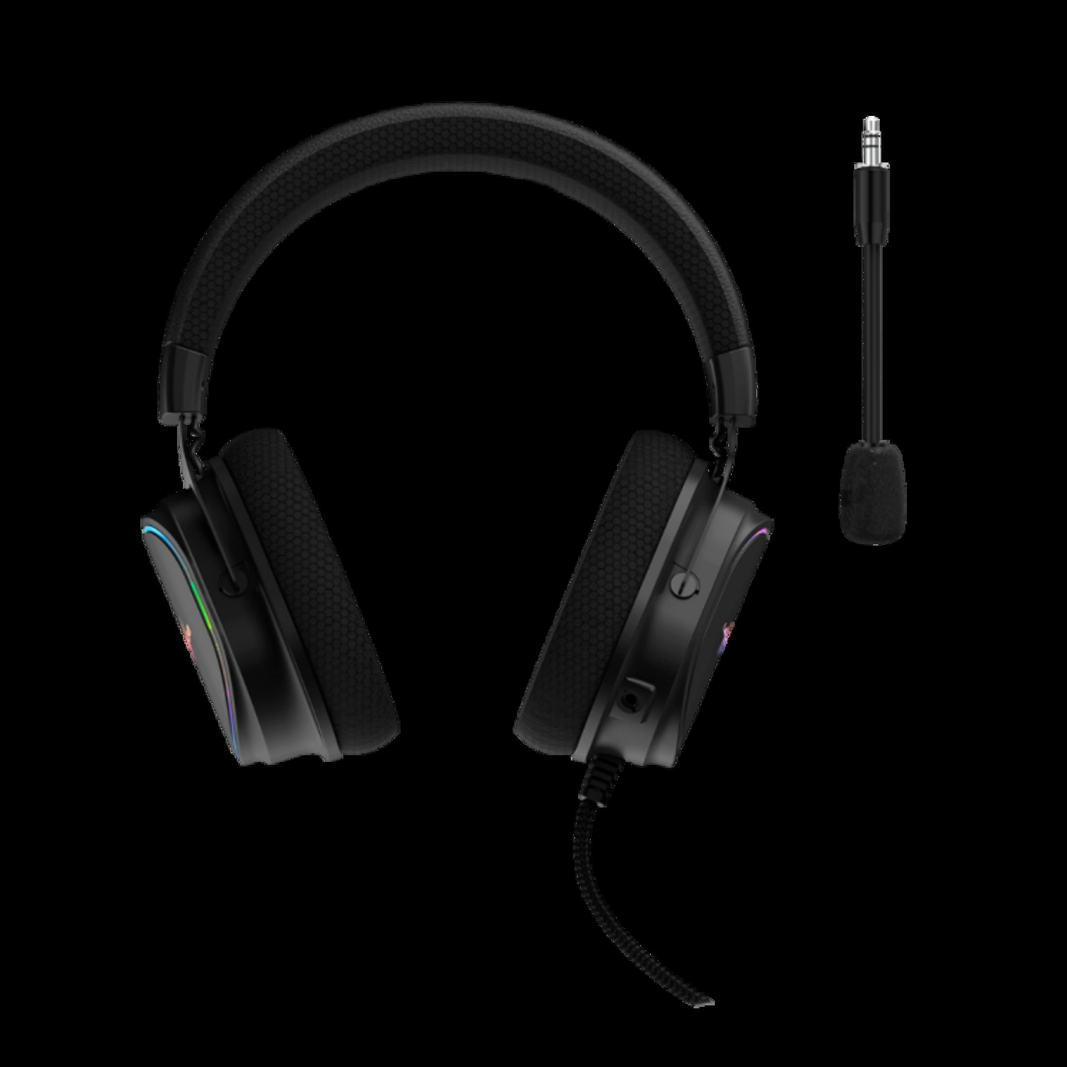 Cuffie da gaming nere con microfono e illuminazione RGB.