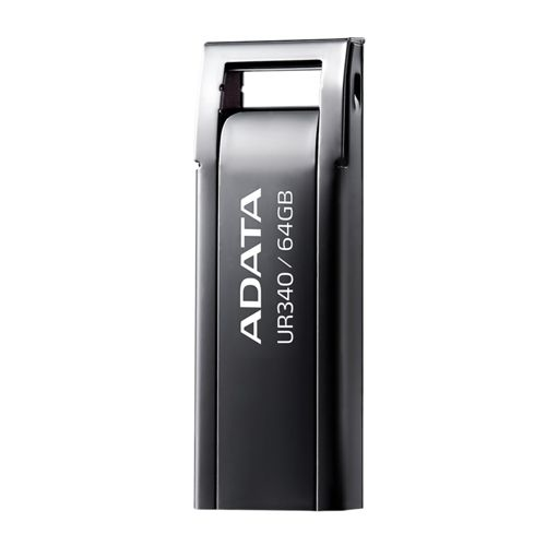 Unità USB ADATA UR340 64GB nera con cappuccio scorrevole argentato.