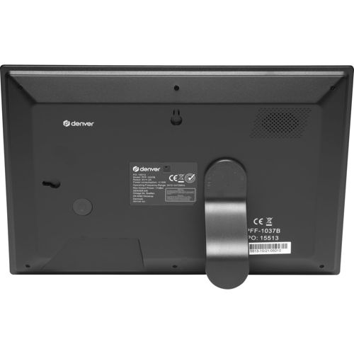 Rückseite eines schwarzen digitalen Fotorahmens mit ausklappbarem Ständer.