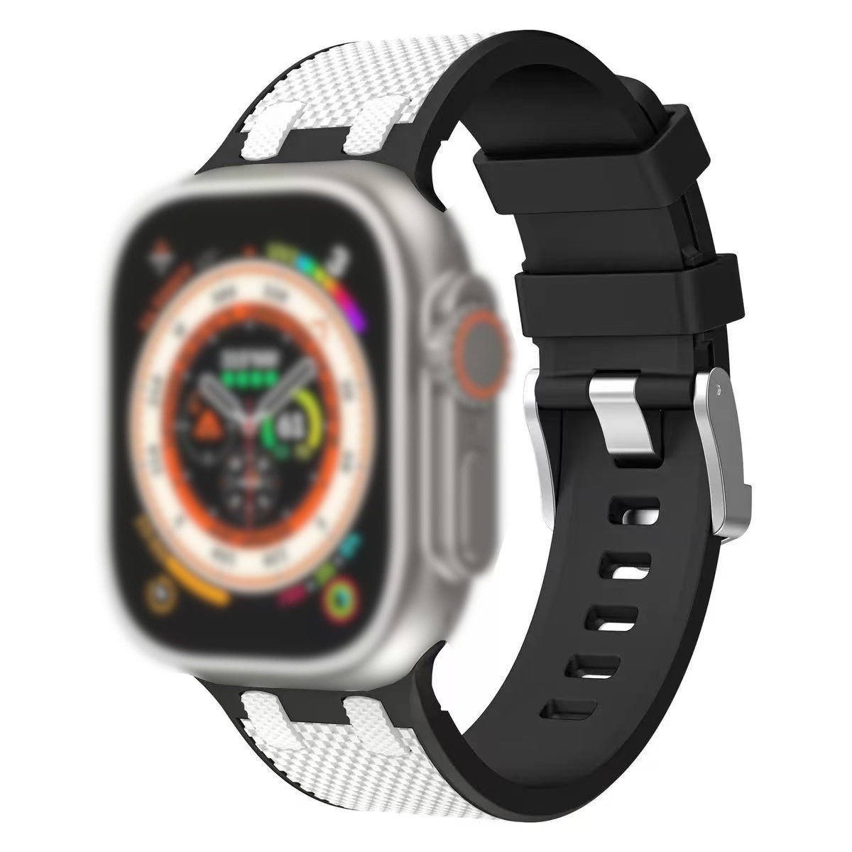 Smartwatch z czarno-białą wzorzystą opaską i srebrną klamrą. Ekran wyświetla kolorowe dane.