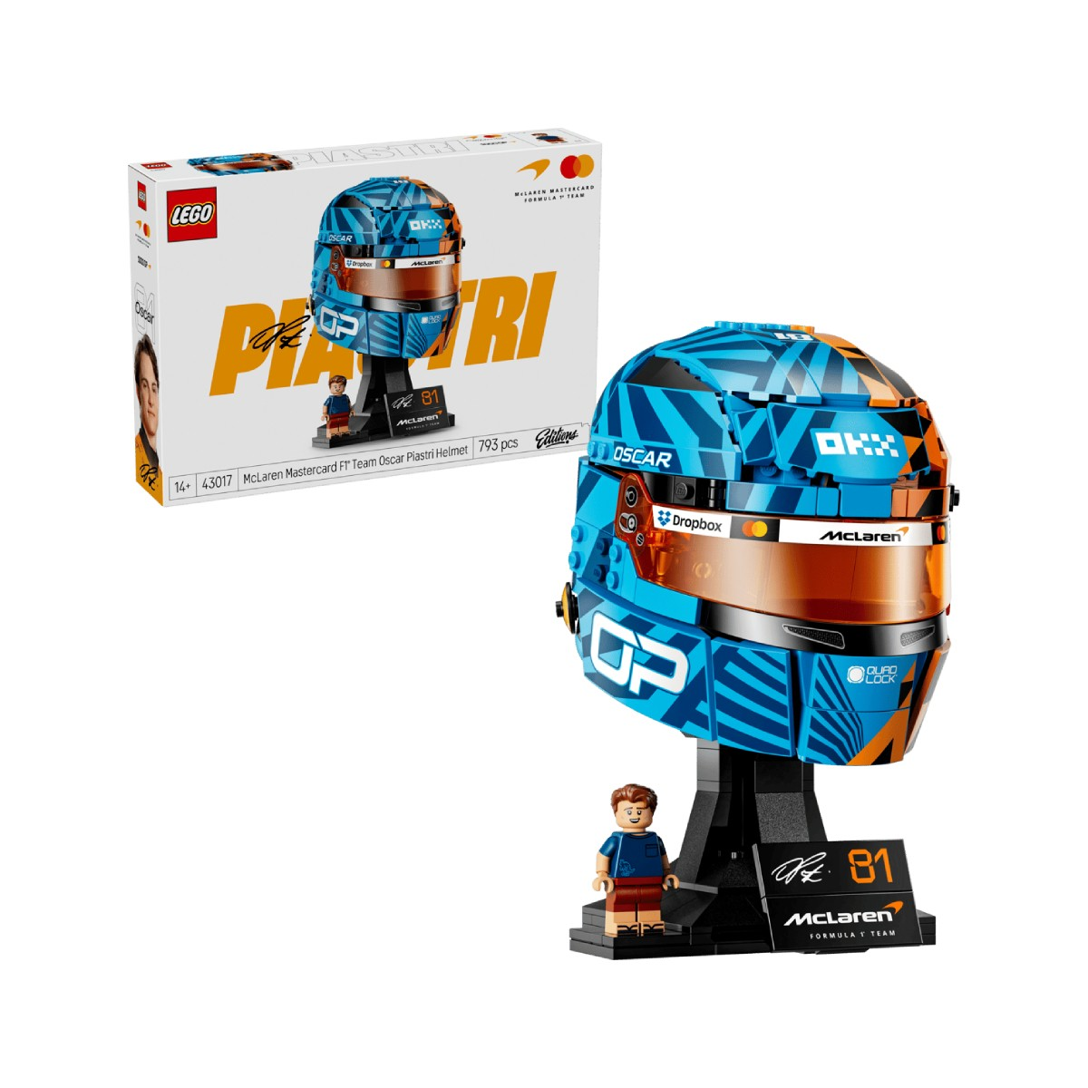 LEGO McLaren Oscar Piastri kaskı stantlı ve minifigürlü. Turuncu detaylı mavi kask.