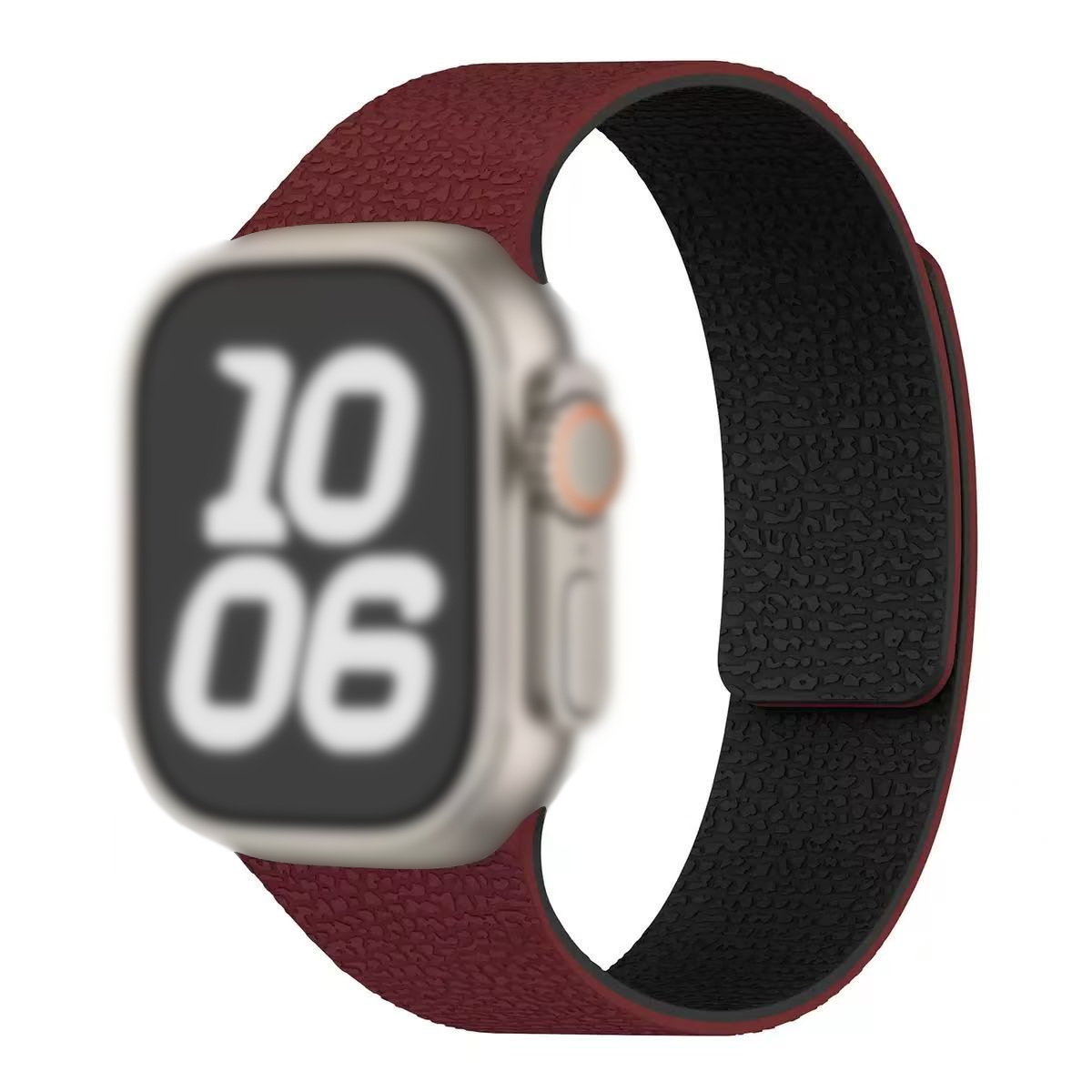 Srebrny smartwatch z burgundową opaską i czarnym wnętrzem.