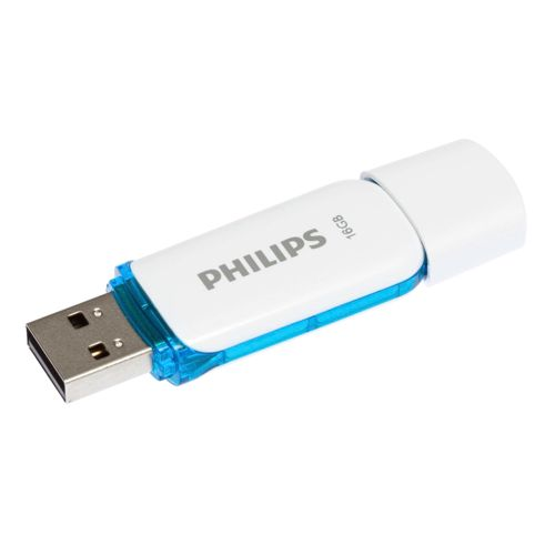 Un'unità USB Philips bianca da 16GB con accento blu, su sfondo bianco.