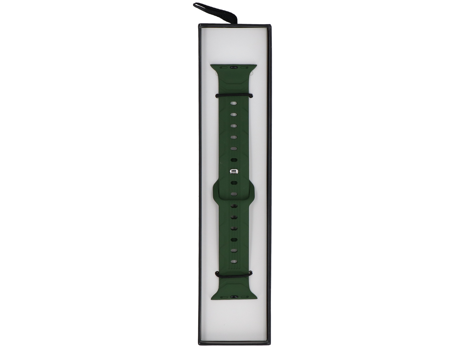 Ciemnozielona opaska do smartwatch w pudełku z zawieszką.