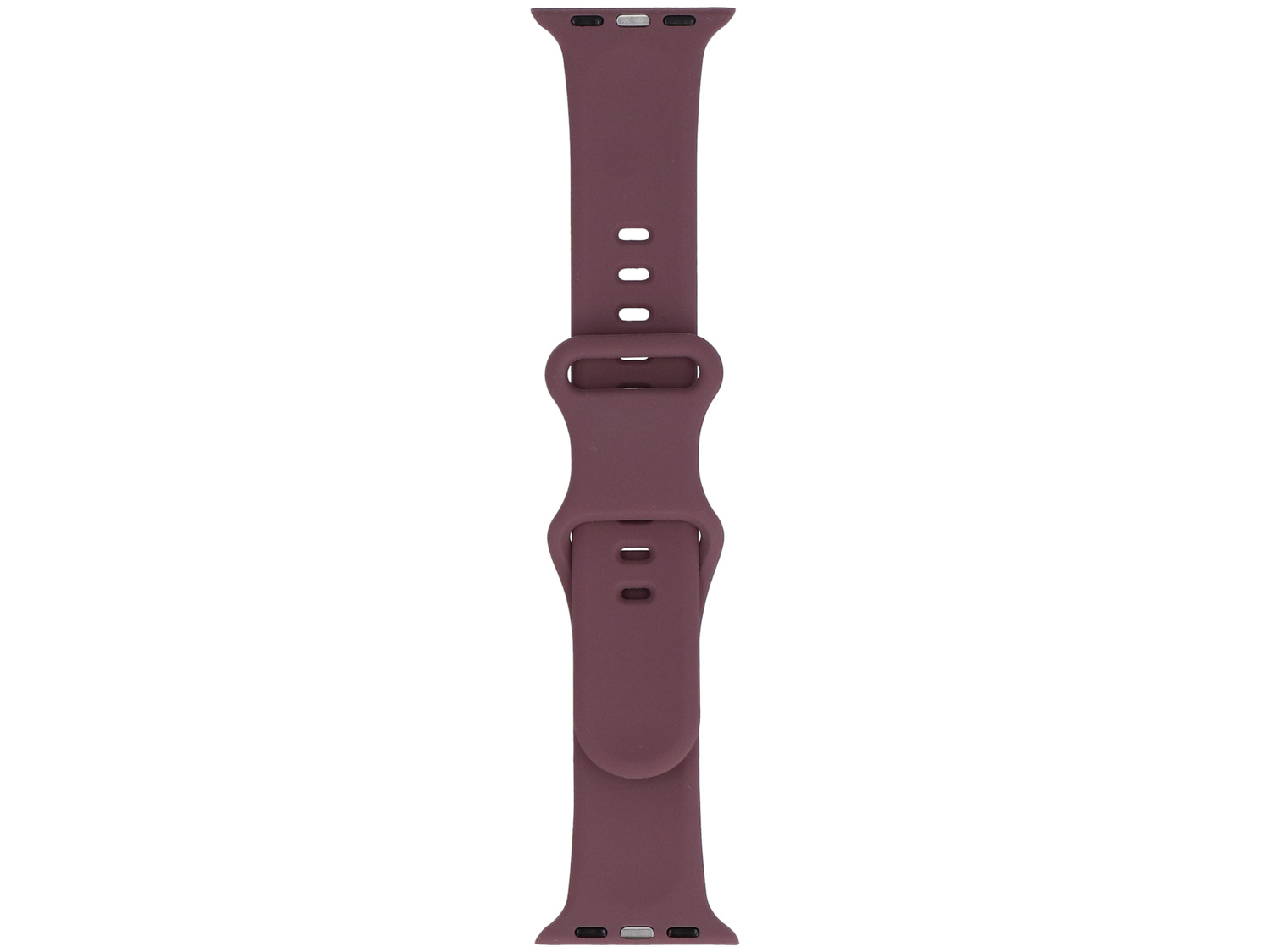 Fioletowa opaska Apple Watch z klamrą i otworami.