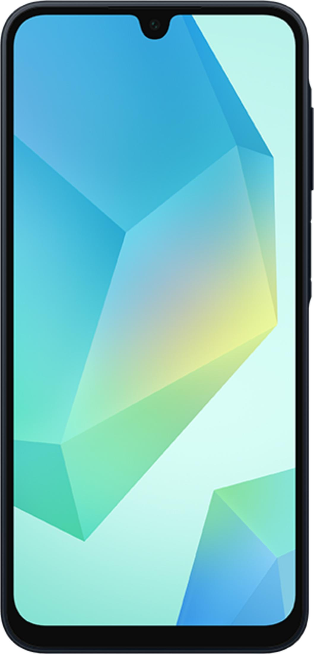Ein Smartphone mit einem geometrischen Hintergrund in Blau-, Grün- und Gelbtönen.
