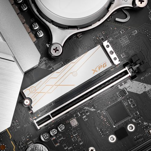Close-up van een witte XPG SSD op een zwart moederbord met gouden lijnen.