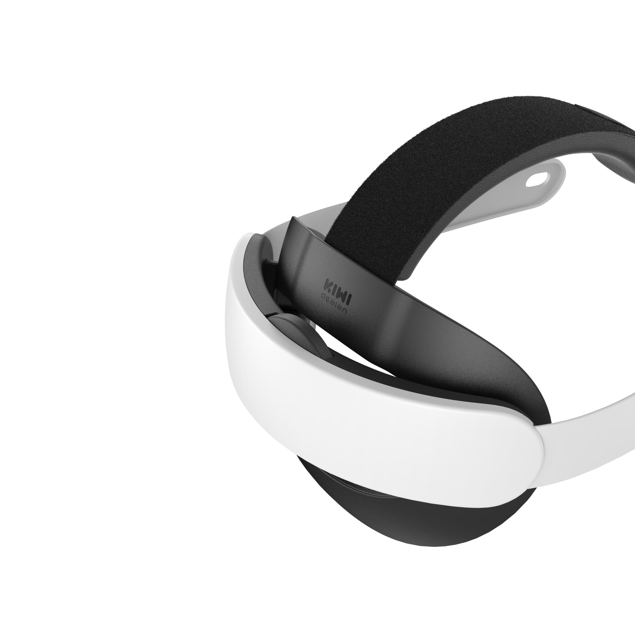 Auriculares VR blancos con correa negra y logo KIWI, primer plano.