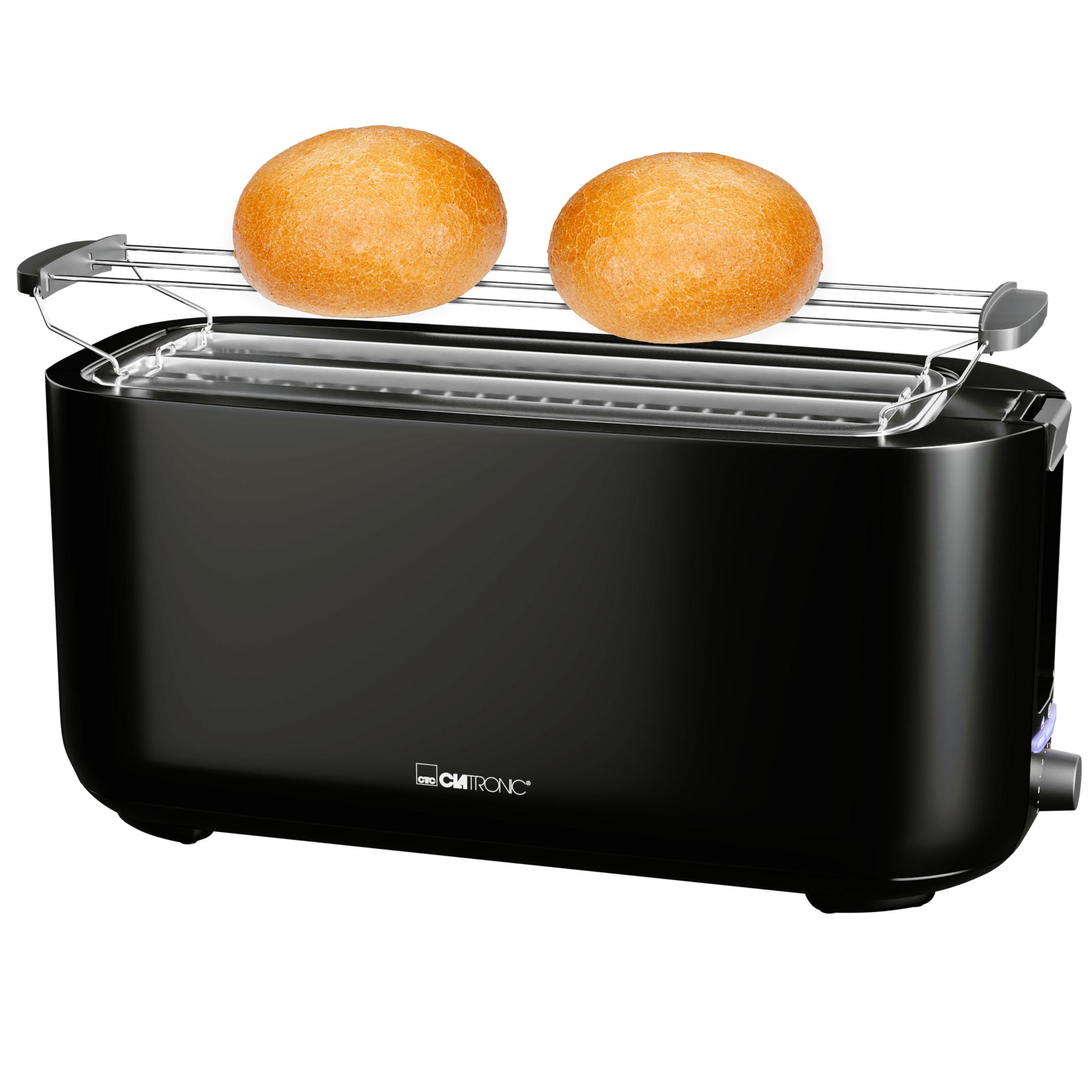 Ein schwarzer Toaster mit zwei runden Brötchen auf einem Drahtgestell.