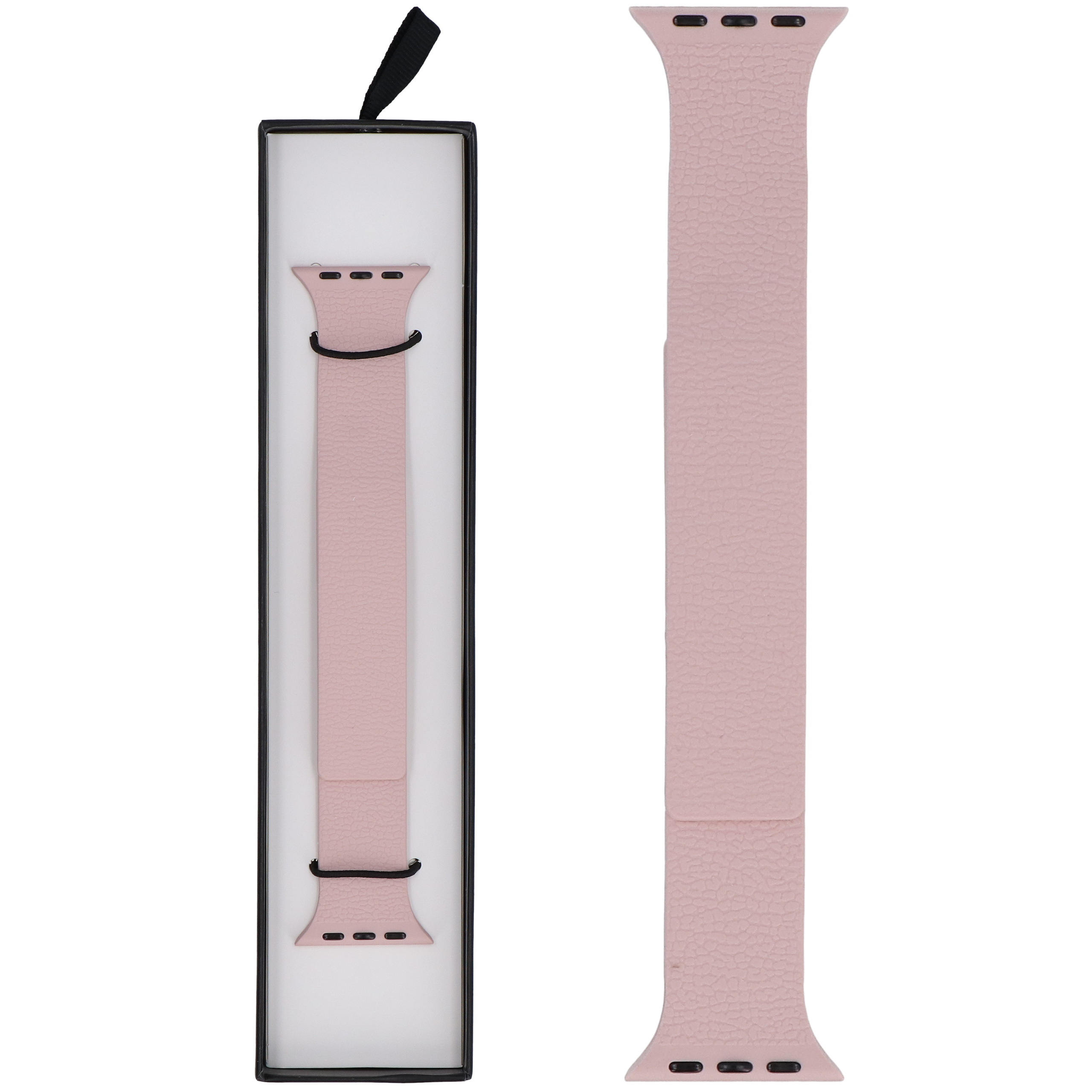 Różowa opaska Apple Watch w pudełku i obok rozpakowana.