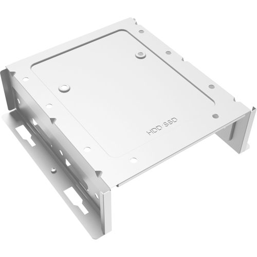 Un telaio metallico bianco per HDD e SSD, con fori di montaggio.